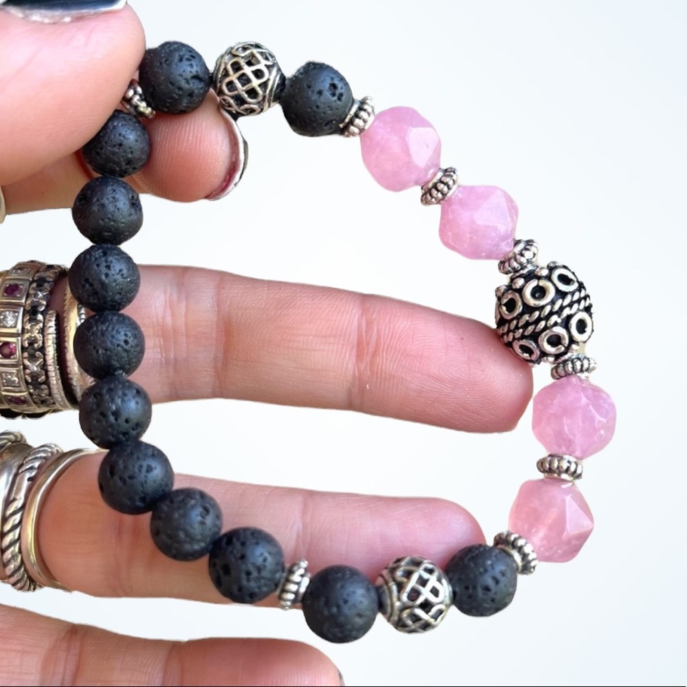 Rose quartz antique silver bali viking celtic knot beads boho bracelet .